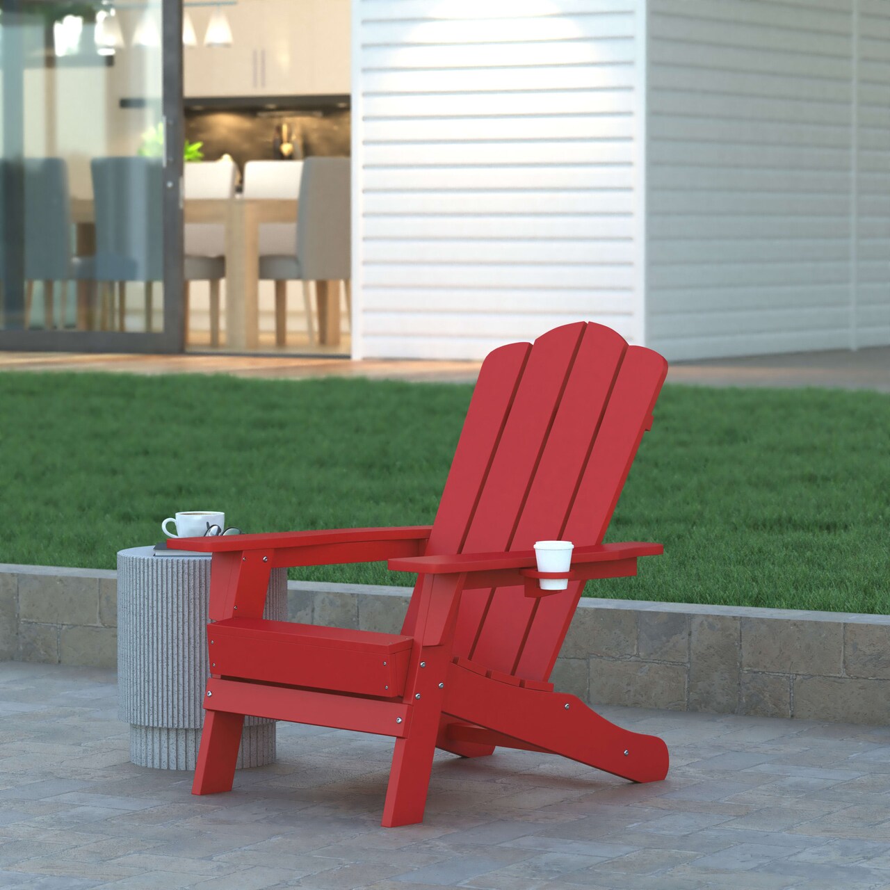 Emma and Oliver Tiverton Set of 2 Adirondack Chairs with Cup Holders, Weather Resistant HDPE Adirondack Chairs